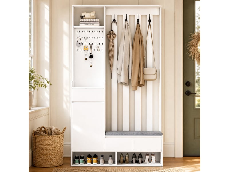 Meubles d'entrée avec banc rembourré, tiroir, niches, placard, panneau perforé et 4 crochets, blanc, 100 × 35 × 180 cm  - Conforama B
