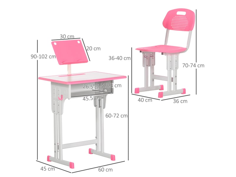  Bureau d'écolier avec chaise réglable en hauteur pour enfants de 6 à 12 ans, acier et mdf, rose  - Conforama D