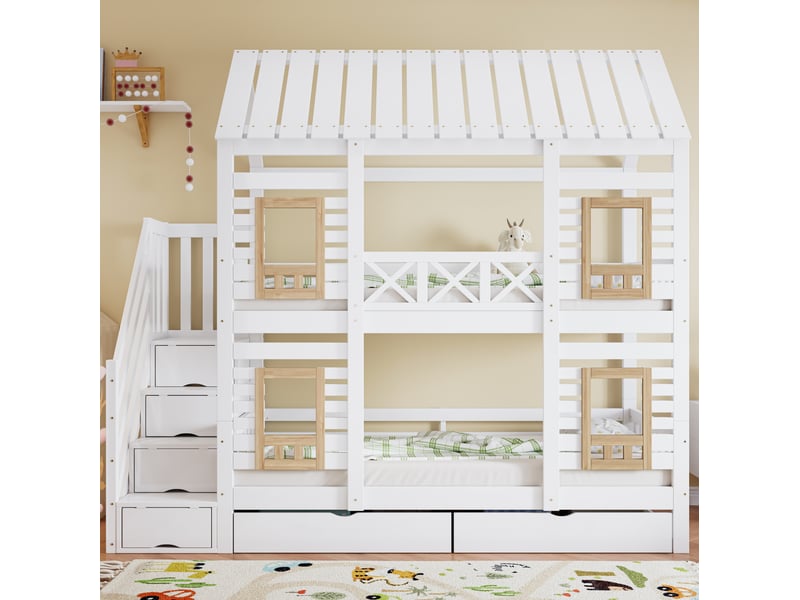  Lit superposé enfant 90x200 cm avec toit, rangements et tiroirs, blanc et naturel  - Conforama B