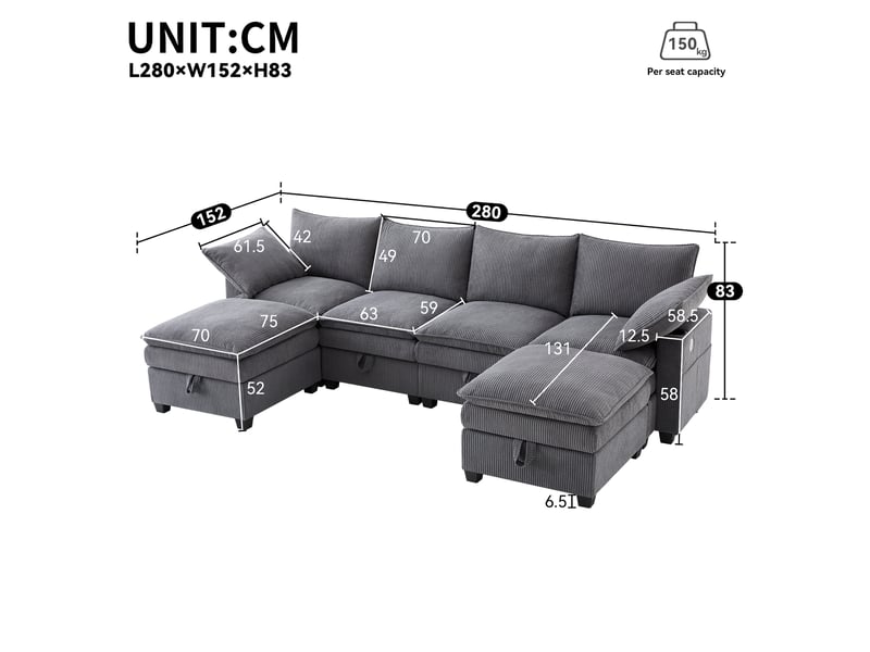  Canapé d'angle modulable 280x151x82 cm, porte-gobelets, ports usb et rangements, finition velours côtelé gris  - Conforama C