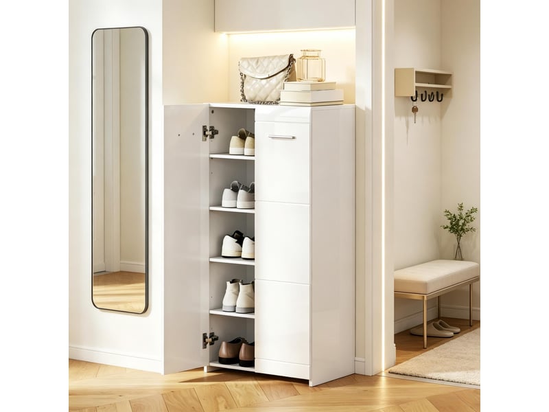  Meuble à chaussures,55x36x108 cm,2 portes,panneau de particules,blanc brillant  - Conforama B