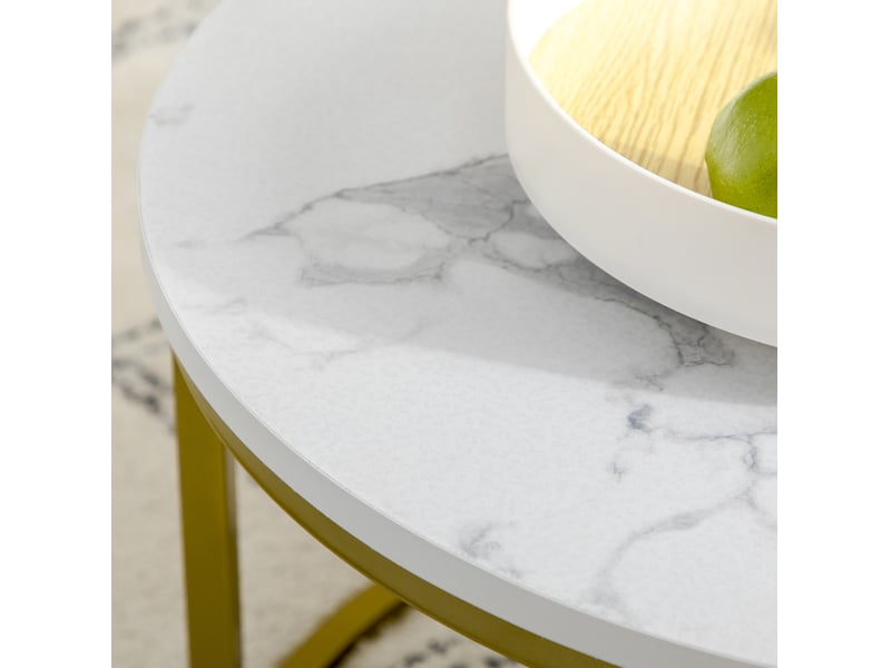  Lot de 2 tables basses rondes blanches effet marbre, structure en acier doré, gigognes pour le salon  - Conforama D
