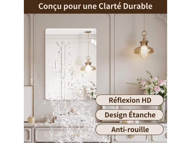  Miroir de salle de bain 50x70, miroir mural sans cadre avec coins arrondis  - Conforama E