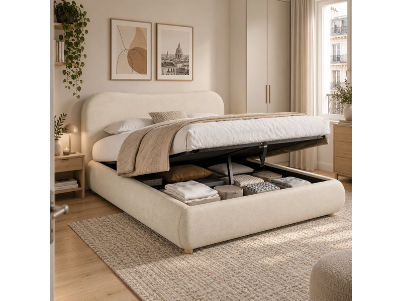  Lit coffre 2 places 160x200 cm en tissu beige avec tête de lit rembourrée et sommier, rangement hydraulique, sans matelas  - Conforama E