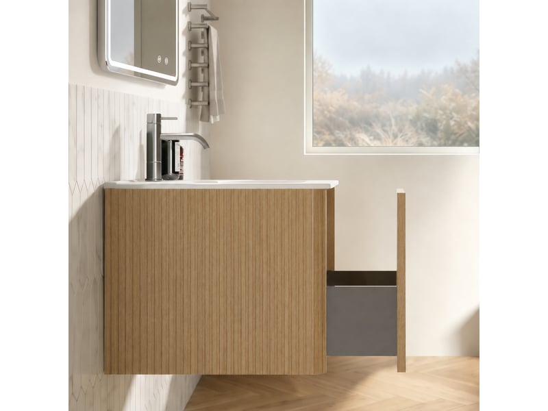  Ensemble meuble vasque suspendu 80 cm avec miroir led, finition chêne  - Conforama D