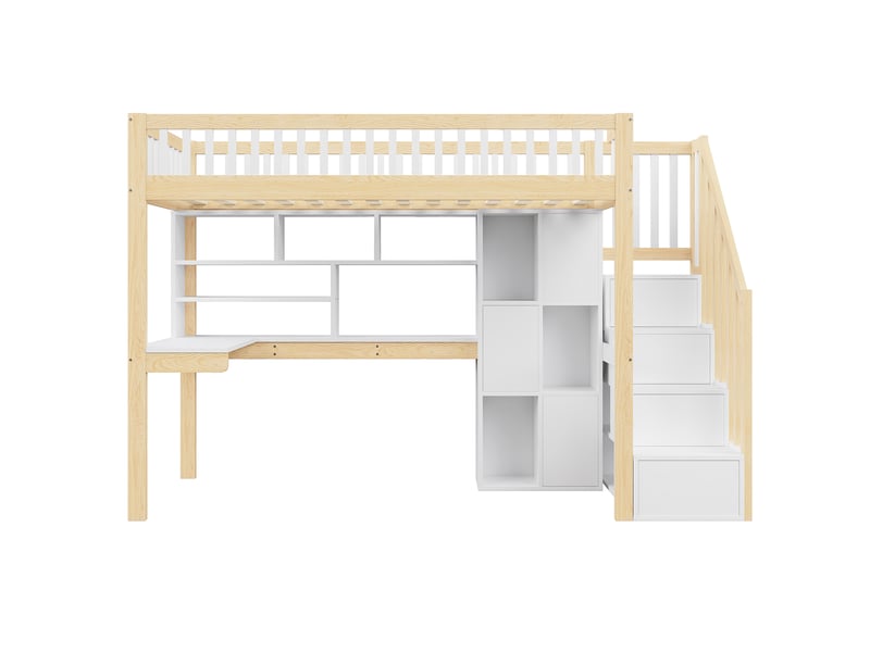  Lit mezzanine blanc et naturel 90x200 cm, led, bureau, escalier-rangement, étagères  - Conforama A