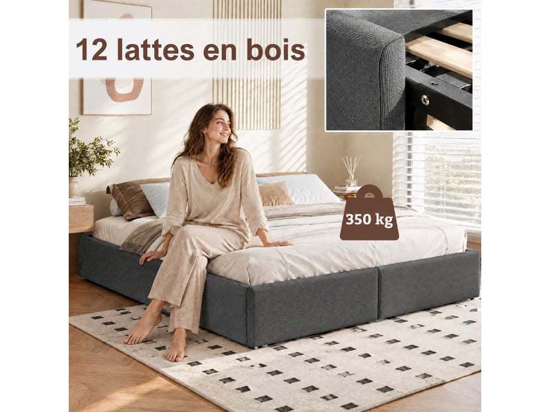  Lit coffre 160x200 sans tete de lit, cadre en lin - 12 lattes - montage rapide et facile - grand espace de rangement en dessous - capacité de charge 350 kg, lin gris  - Conforama E