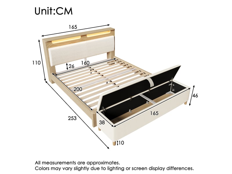  Lit double 160x200 cm avec banc de lit, tête de lit avec rangement, led, beige et chêne clair  - Conforama E