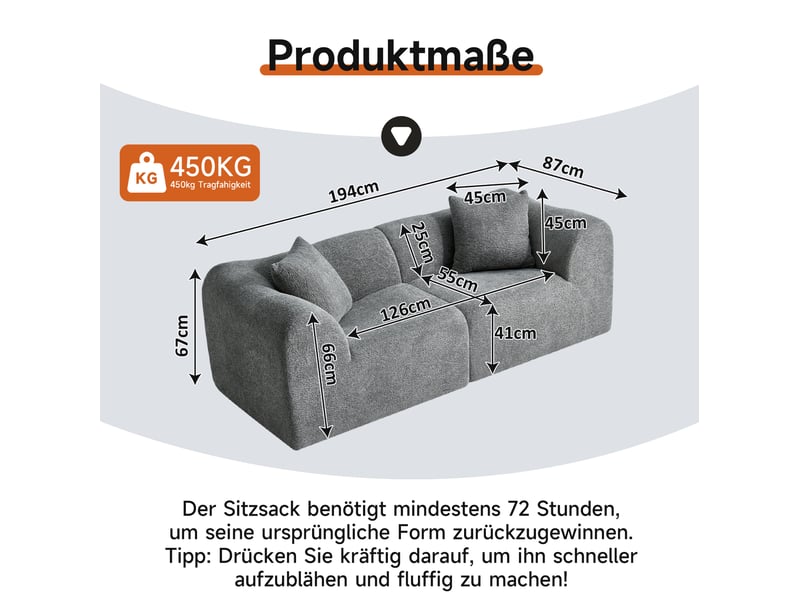  Canapé droit fixe 2 places en velours gris compressé, avec 2 coussins, idéal pour salon ou appartement  - Conforama C