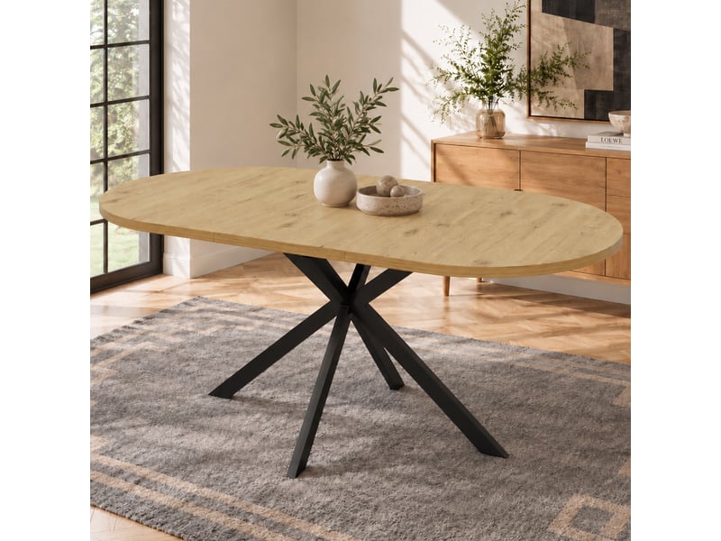  Table à manger extensible 120-160x80 cm pour 4 à 6 personnes, plateau ovale avec rallonge intégrée, pieds en métal, mdf effet bois naturel  - Conforama B