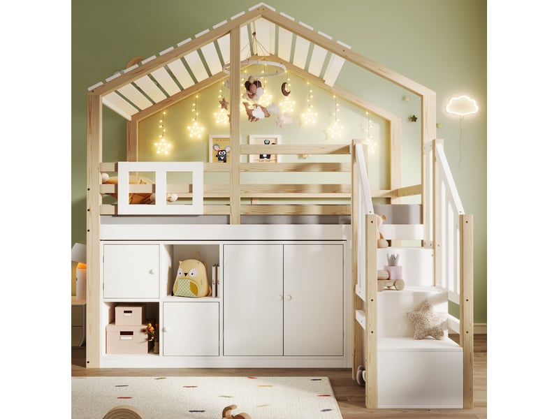  Lit mezzanine enfant 90x200 cm avec 4 portes, cadre en bois, toit en pente et sommier, blanc et naturel, sans matelas  - Conforama B