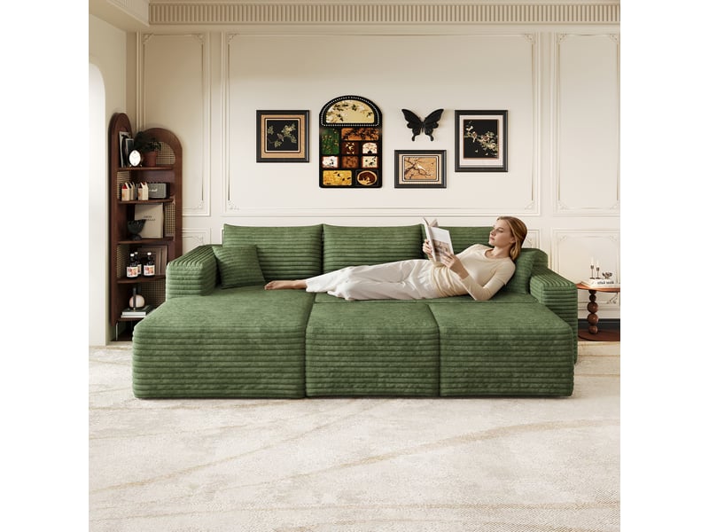 Canapé d'angle modulaire 3 places avec 2 poufs 241 x 151 x 58 cm, assise profonde, design nuage, livré monté, velours côtelé, vert Bliss Lite - Conforama D