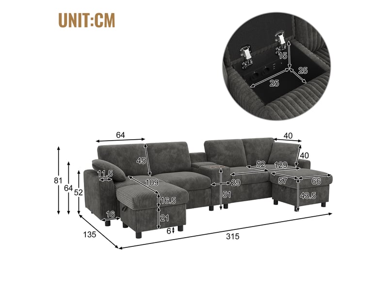  Canapé en u velours côtelé gris 4 places avec 2 poufs de rangement et ports usb  - Conforama B