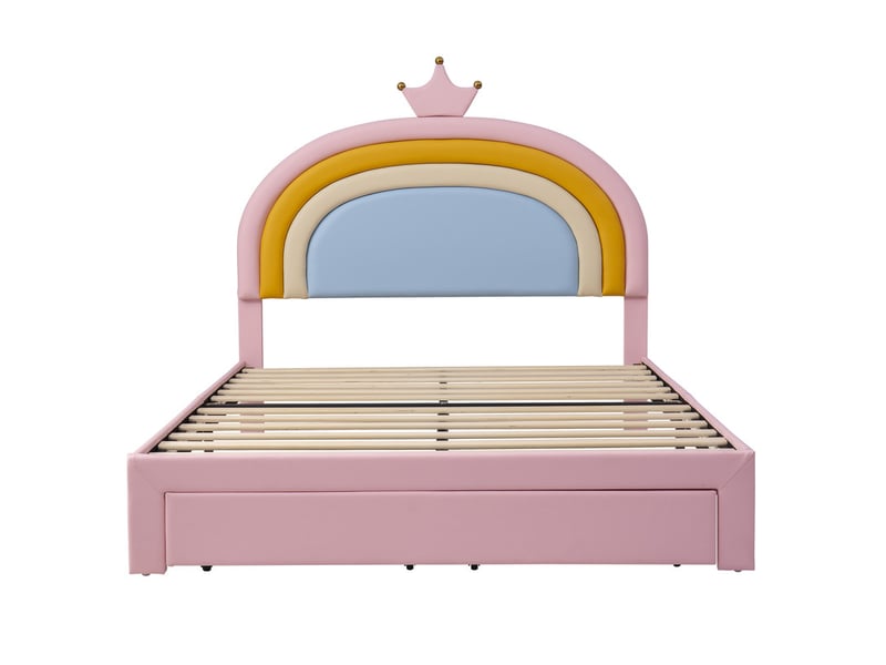 Lit enfant 140x200cm, tête couronnearc-en-ciel réglable 2 positions, tiroir pied, pu facile, charge 220kg, rose - Conforama A