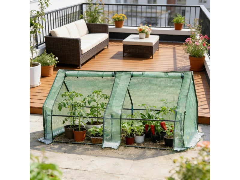  Mini-serre de jardin 180 x 90 x 90 cm en pe vert avec structure en acier, protection et aération pour vos cultures  - Conforama E