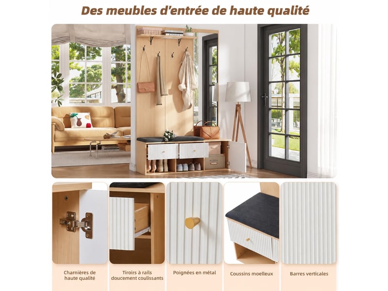  Vestiaire d’entrée avec miroir et banc, rangement mdf 120 x 40 x 200 cm, blanc et chêne  - Conforama C