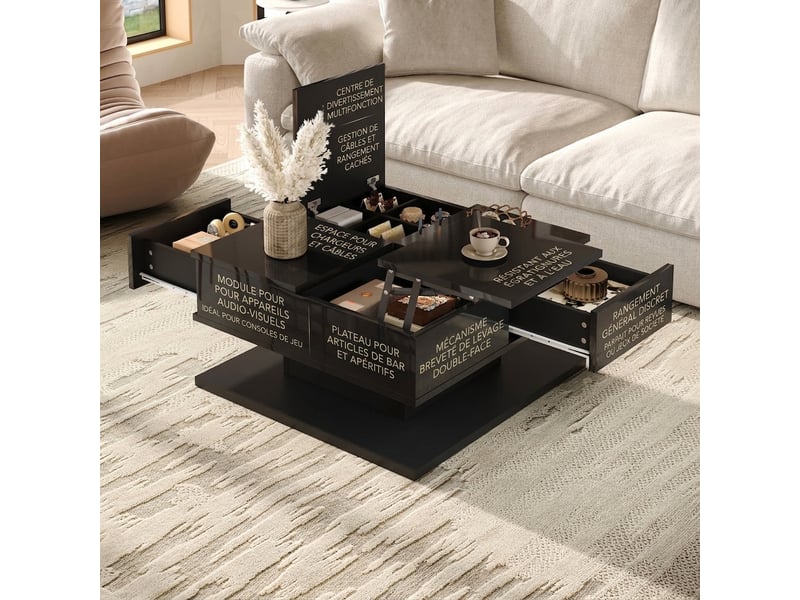  Table basse relevable noire avec rangement et led brillante 72x72 cm  - Conforama C