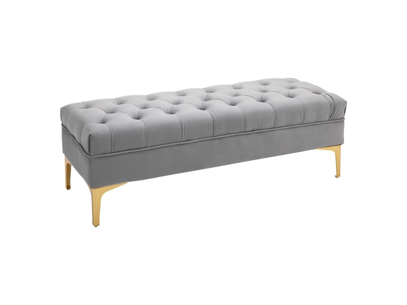  Banc banquette capitonnée pour bout de lit style classique chic dimensions 118l x 45l x 42h cm avec piètement en métal doré et velours gris clair  - Conforama A