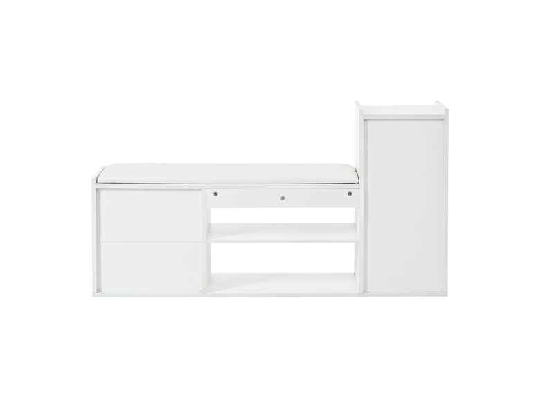  Meuble à chaussures banc laqué blanc 128 cm, 2 tiroirs, 1 porte, assise rembourrée  - Conforama A