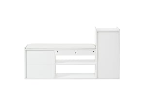 Meuble à chaussures banc laqué blanc 128 cm, 2 tiroirs, 1 porte, assise rembourrée