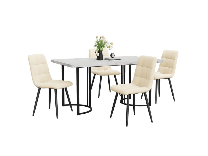 Ensemble table et 4 chaises moderne 140 x 80 cm, mdf blanc effet marbré et velours beige pour recevoir  - Conforama A