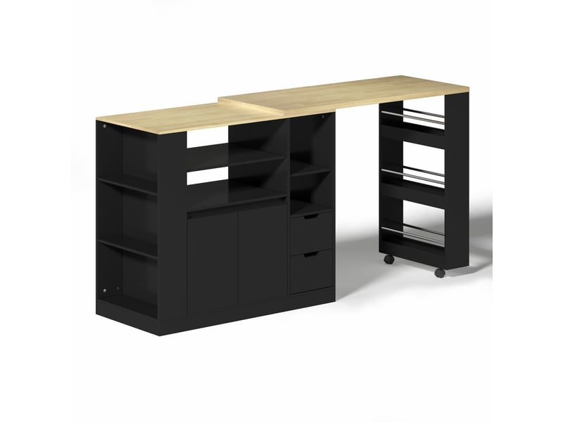 Îlot de cuisine avec table extensible 115 cm plateau pivotant noir et bois naturel  - Conforama E