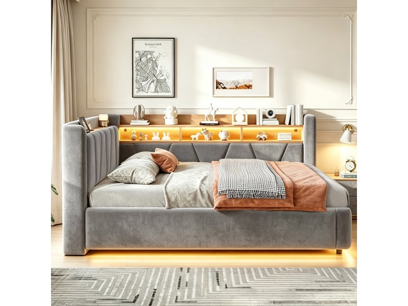  Lit banquette coffre 140 × 200 cm en velours gris, led et usb IKSETERA TRADING LTD - Conforama D