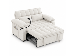 Canapé convertible 3-en-1 142 x 90 x 87 cm avec assise moelleuse, 2 coussins lombaires, tablette et porte-gobelet, chenille, beige