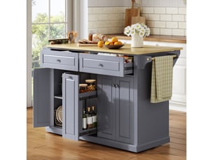 Îlot de cuisine mobile avec plan de travail pliable, chariot de rangement en mdf avec tiroirs et roulettes, 121x69x89cm, naturel et gris