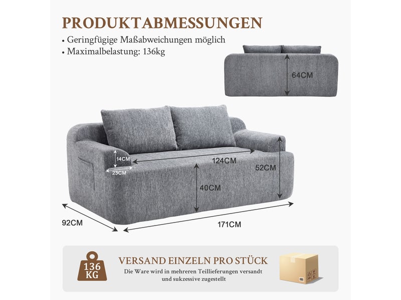  Canapé convertible 2 places à assise basse avec coussins amovibles  - mousse et ressorts, tissu côtelé - gris  - Conforama D