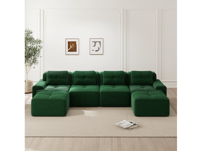  Canapé modulable ulevr 4 places en u avec méridiennes, velours côtelé vert, assise profonde 74 cm, 382 x 177 x 69 cm  - Conforama D