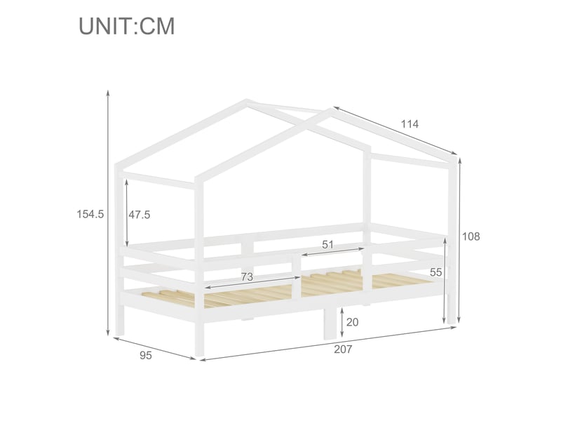 Lit cabane 90x200 cm, structure en pin massif, coloris blanc, ports usb et usb-c, garde-corps, design cabane, sommier à lattes inclus, cadre stable - Conforama C