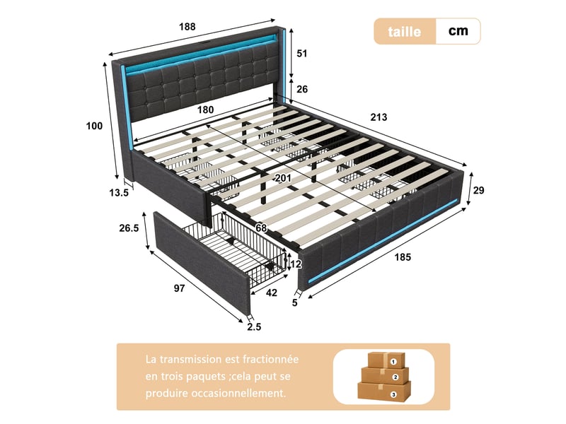 Cadre de lit avec rangement, 180 x 200 cm, doté de 4 tiroirs, lit double rembourré en lin gris foncé au design moderne, avec éclairage led et port usb (matelas non inclus) 231115TT0503#ADHWh5es1pFRHF - Conforama C