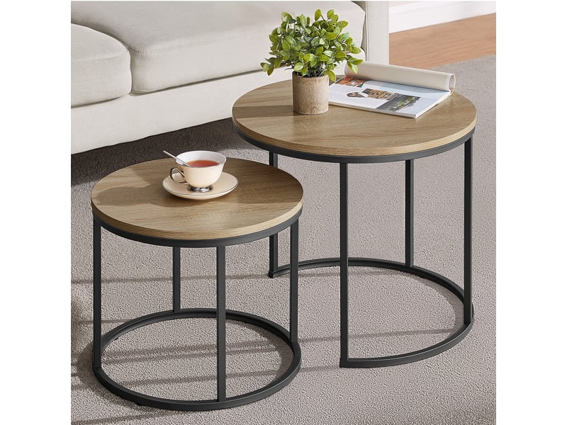  Lot de 2 tables basses rondes style industriel chêne et noir  - Conforama D