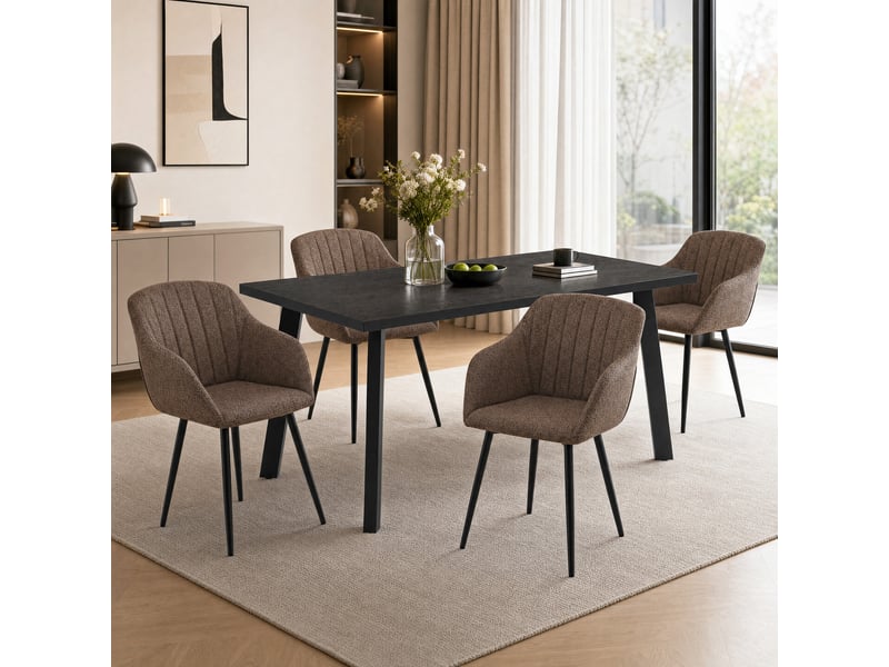  Ensemble table et 4 chaises - table rectangulaire 160x80 cm monobloc en chêne noir et pieds métal, 4 chaises en tissu marron moka et pieds métal  - Conforama B