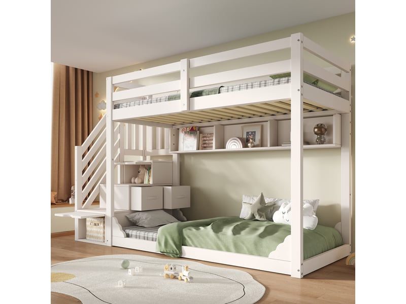 Lit superposé enfant 90x200 cm avec rangement, coffre et étagères, lit en bois blanc avec barrière de sécurité pour enfants - blanc (sans matelas) - Conforama B