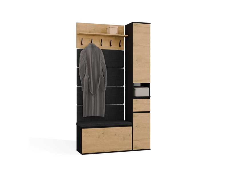  Lior - Meuble d'entrée - armoire avec siège et penderie - 110x202,5x35 cm – Chêne artisan / Noir  - Conforama A