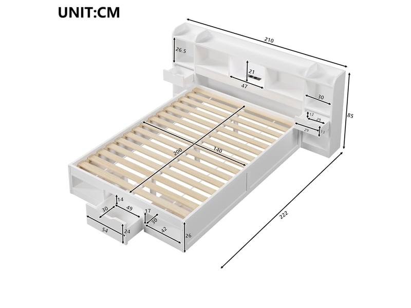 Lit plateforme 140x200 cm, tête et pied de lit avec rangements, led, port usb, mdf et contreplaqué, blanc sans matelas  - Conforama C