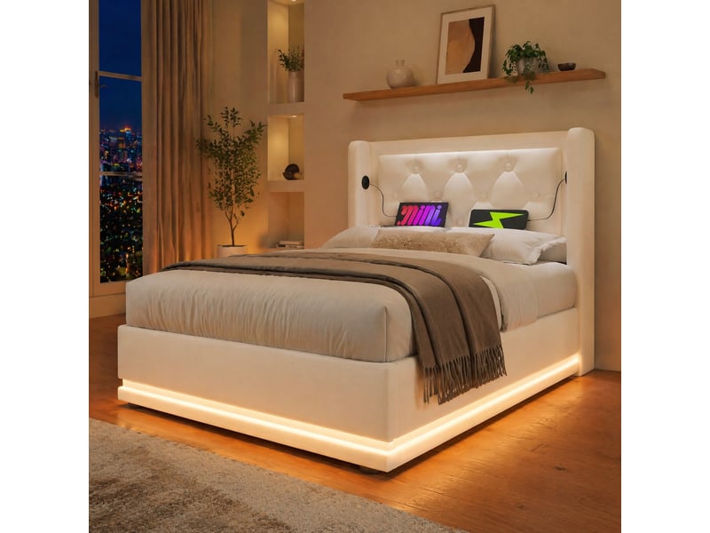 Lit coffre 90 x 200 cm blanc en pu avec tête de lit, led 3 côtés et fonction de recharge usb type-c  - Conforama D