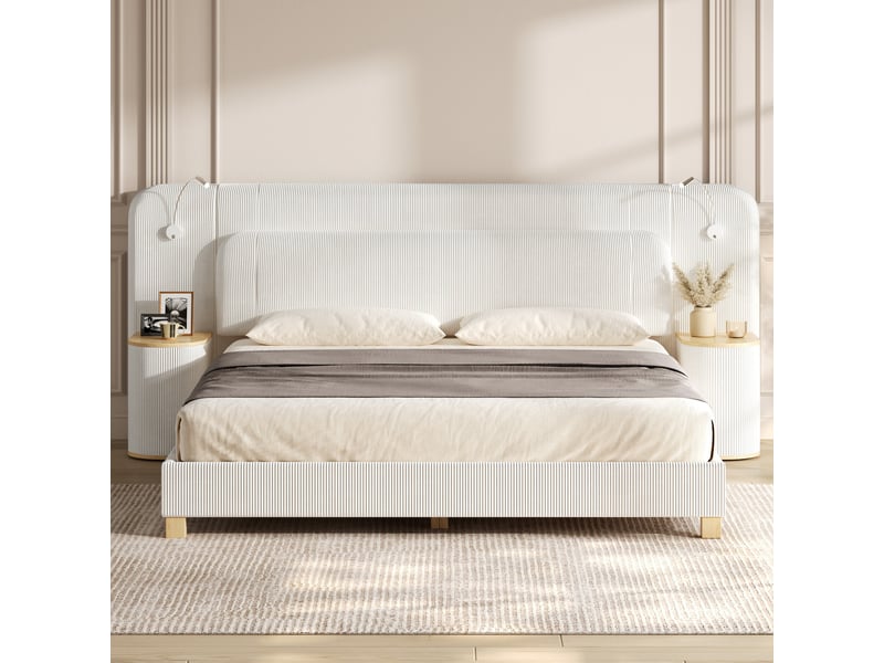  Lit rembourré 180x200 cm éclairage led velours côtelé gain de place pour chambre enfant ou adulte moderne beige OPULERANE TRADING LTD - Conforama C