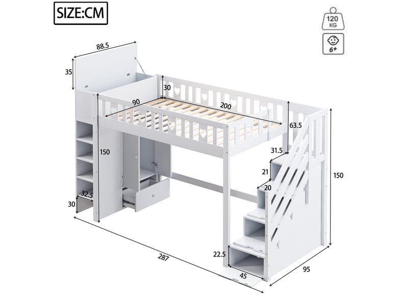  Lit mezzanine enfant 90x200 cm avec escalier de rangement et étagères blanc  - Conforama C