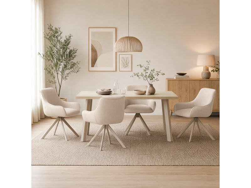 Ensemble table et 4 chaises - table rectangulaire 160x80 cm monobloc en travertin et pieds métal, 4 chaises en tissu beige et pieds en métal blanc - Conforama A