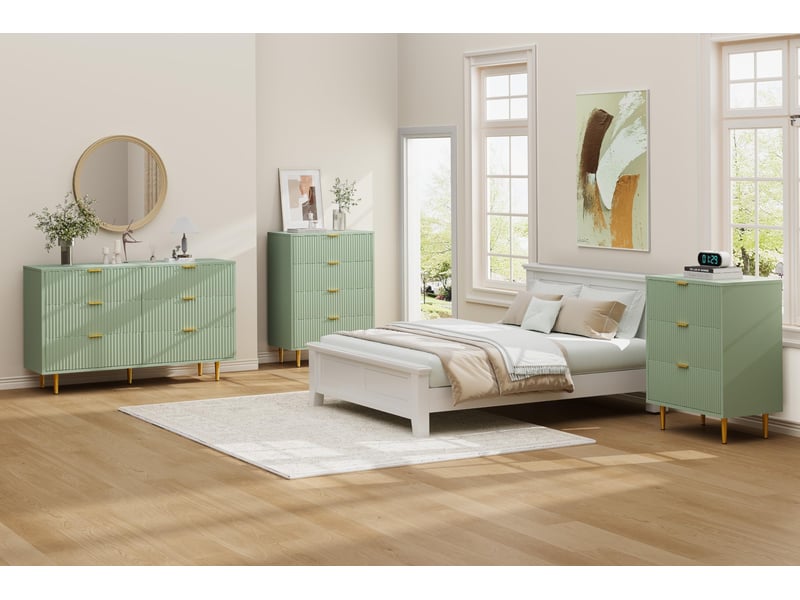  Commode moderne 3 tiroirs façade ondulée – rangement élégant, poignées et pieds dorés – pour chambre, salon ou entrée -vert PHK_35LRJ4BE - Conforama C