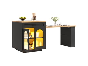 Îlot de cuisine extensible 126-196 x 80 x 94 cm, 2 tiroirs, portes vitrées et éclairage led rgb, noir, en mdf robuste
