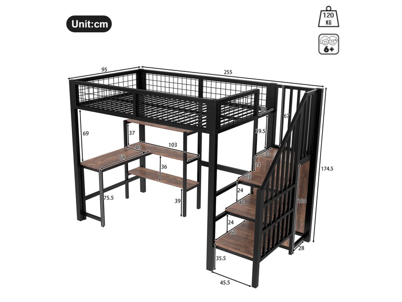  Lit mezzanine noir et marron 90x200cm avec rangement, bureau et étagères, gain de place, pratique - fer et mdf - pour enfant ado  - Conforama E