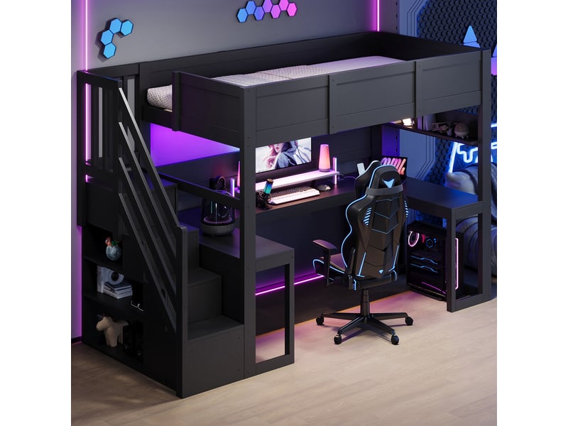 Lit mezzanine gaming 90x200 noir avec bureau, led, usb et escalier rangement - Conforama E