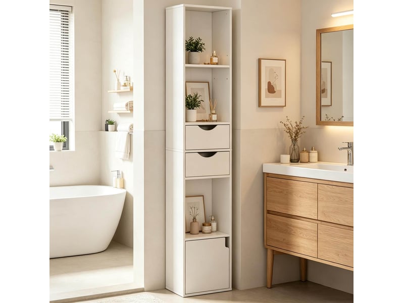  Bibliothèque 30x157,5x24 cm avec 3 compartiments, 2 tiroirs et 1 porte bois blanc  - Conforama B