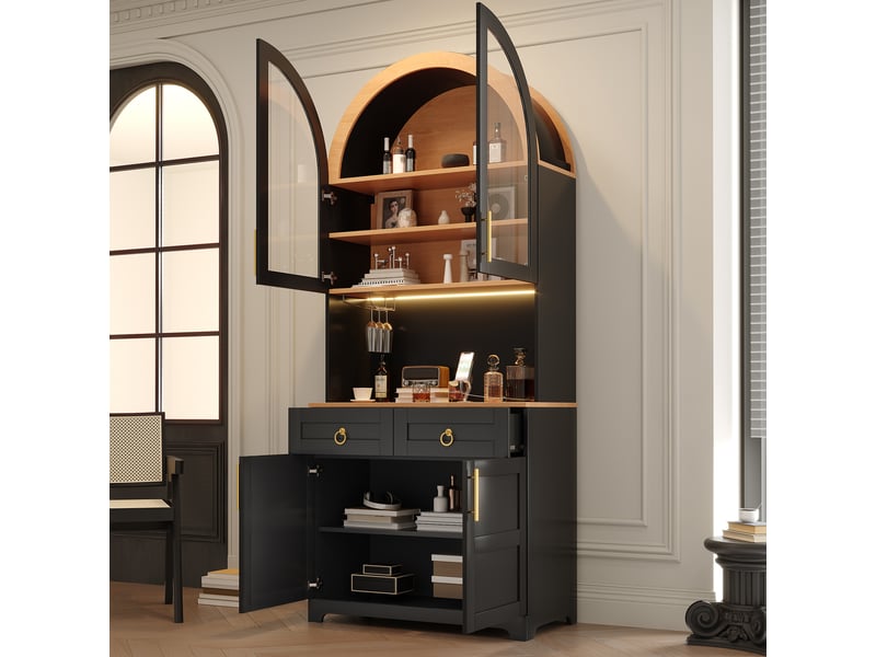  Meuble de rangement haut 80x40x180cm avec vitrine, led dimmable, prise et usb, 2 portes, 2 tiroirs, noir ABC - Conforama E