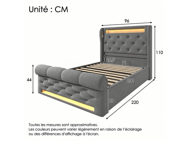  Lit 90x200 cm avec rangement, led, usb et type-c, velours gris  - Conforama C
