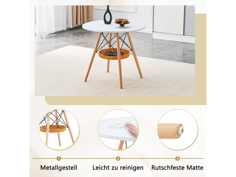 Table à manger ronde,80x80x71,5 cm,avec panier de rangement,mdf,blanc pieds en bois - Conforama D